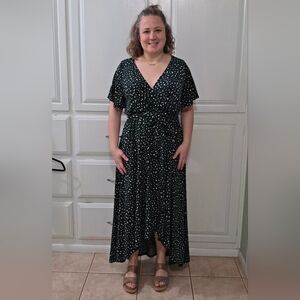 Teal Green Leopard Print Faux Wrap Dress